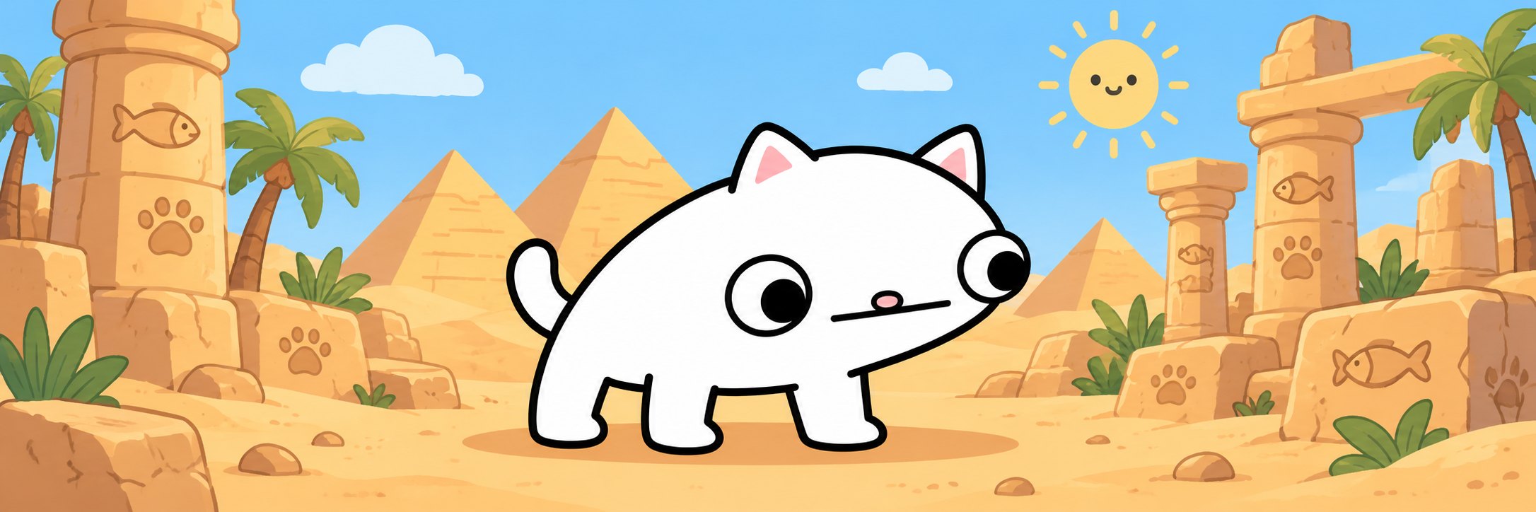 Catus standing in the desert ruins in front of the pyramids